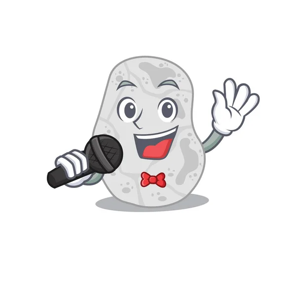 Karakter kartun dari planctomycetes putih menyanyikan sebuah lagu dengan mikrofon - Stok Vektor