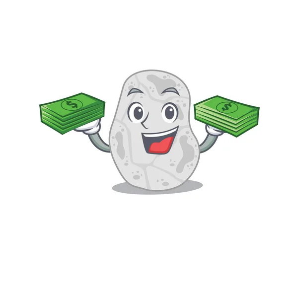 Um rico personagem de desenho animado planctomycetes branco com muito dinheiro — Vetor de Stock