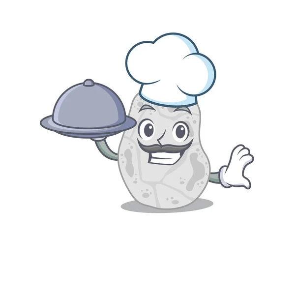 Diseño de mascotas de planctomicetos blancos chef que sirve comida en bandeja — Vector de stock
