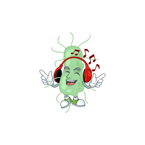 Dibujo de dibujos animados de salmonella escuchando la música con auriculares — Vector de stock