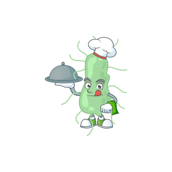 Un diseño de mascota de dibujos animados chef salmonella con sombrero y bandeja — Vector de stock