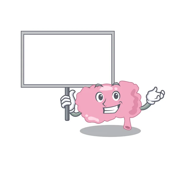 Desenhos animados do estilo de design mascote cérebro carrega uma placa —  Vetores de Stock