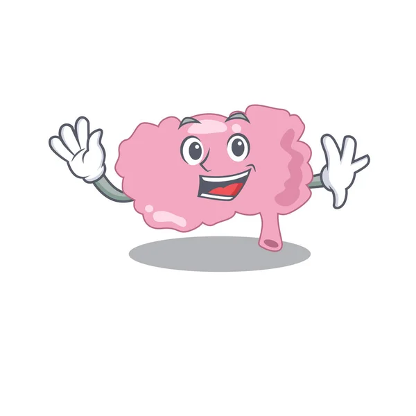 Una encantadora mascota del cerebro estilo de diseño sonriendo y saludando de la mano — Vector de stock
