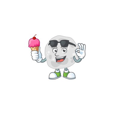 Fibrobakterilerin mutlu yüzü çizgi film maskotu dondurma yiyor.