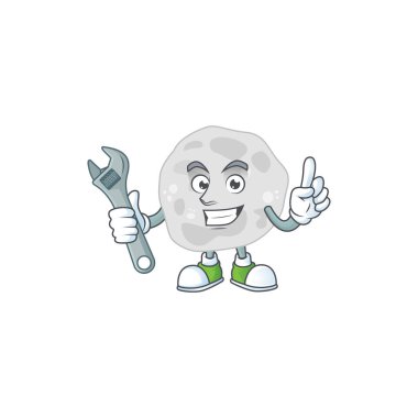 Akıllı bir mekanik fibrobacteres çizgi film maskotu tasarımı bozuk bir makineyi tamir eder