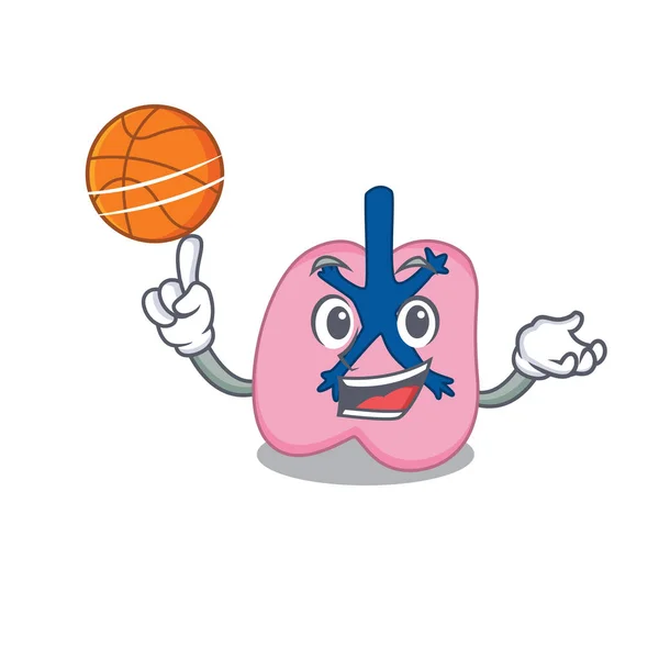 Disegno della mascotte del fumetto sportivo del polmone con pallacanestro — Vettoriale Stock