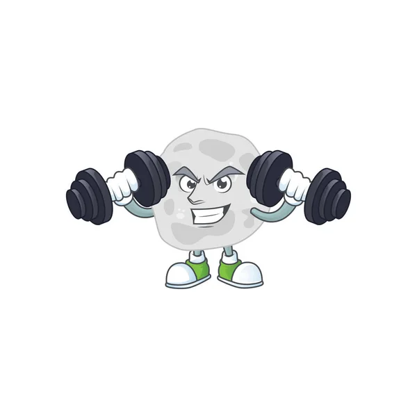 Caricature picture of fibrobacteres exercising with barbells on gym — Stock Vector