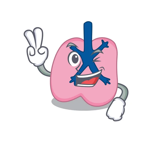 Concepto de diseño de dibujos animados pulmón feliz muestran dos dedos — Archivo Imágenes Vectoriales