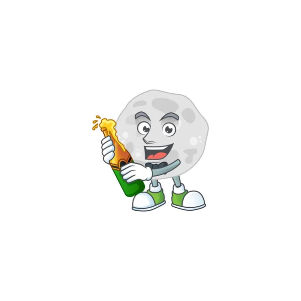 Cara feliz de fibrobacteres diseño de dibujos animados tostadas con una botella de cerveza — Vector de stock
