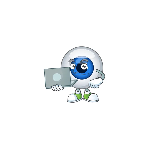 Diligente ojo humano bola mascota estilo de diseño trabajando desde casa con el ordenador portátil — Vector de stock