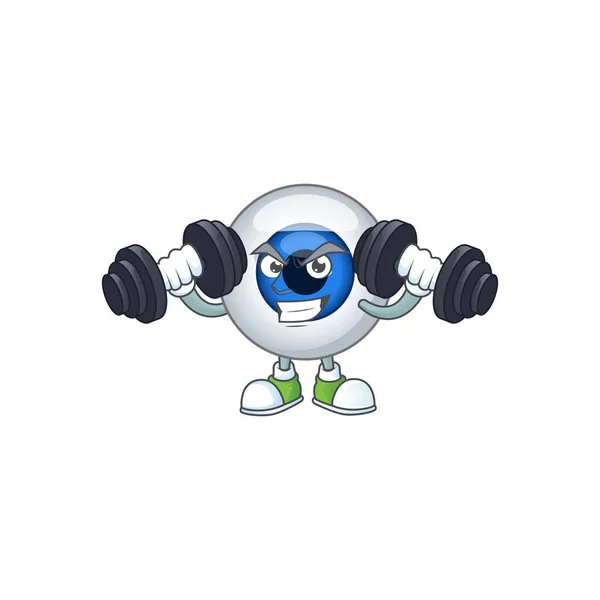 Ejercicio de fitness humano ojo bola personaje de dibujos animados usando barras — Vector de stock