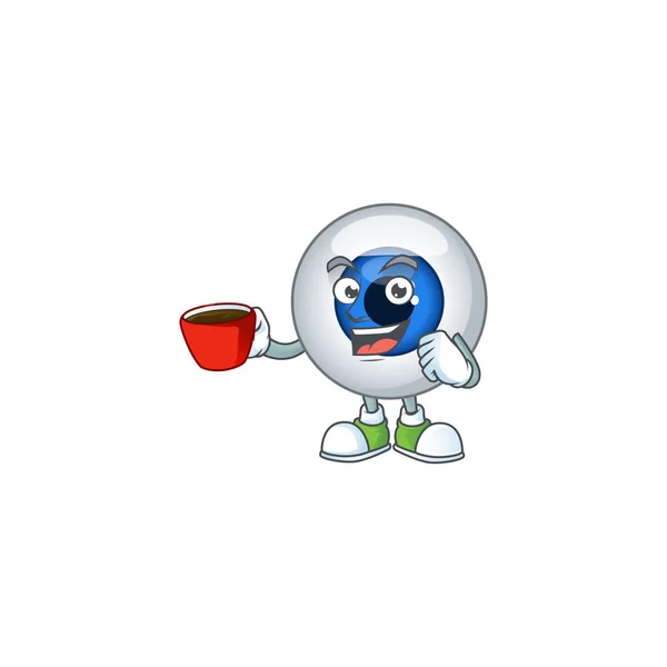 Un personaje de dibujos animados imagen de ojo humano bola con una taza de café — Vector de stock