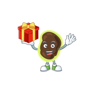 Kırmızı bir hediye kutusu olan karikatür maskot tasarımı.