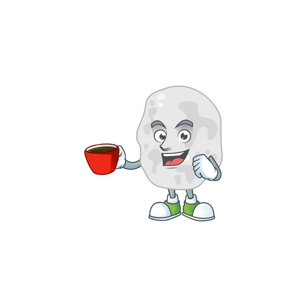 Un personaje de diseño de mascotas de planctomicetos bebiendo una taza de café — Vector de stock