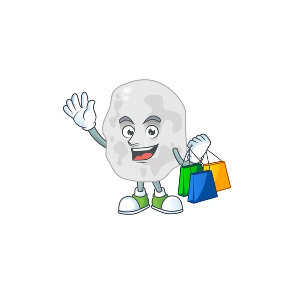 Feliz rico planctomycetes foto caricatura con bolsas de compras — Vector de stock