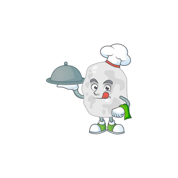 Un diseño de la mascota de dibujos animados planctomycetes chef con sombrero y bandeja — Vector de stock