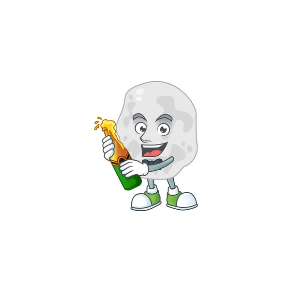 Cara feliz de planctomicetos brindis de diseño de dibujos animados con una botella de cerveza — Vector de stock