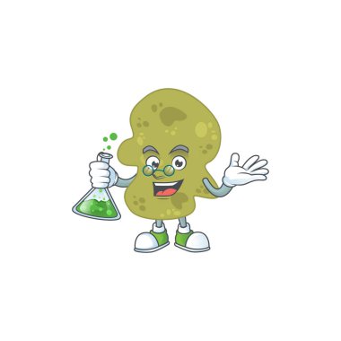 Verrucomicrobia zeki Profesör çizgi film karakteri laboratuarda cam tüp tutuyor.