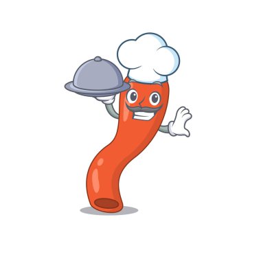 Apandis şefinin maskot tasarımı tepside yemek servisi yapıyor.