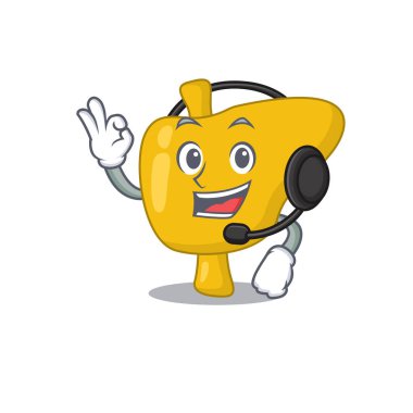 Kulaklık takan çarpıcı bir karaciğer maskotu karakteri.