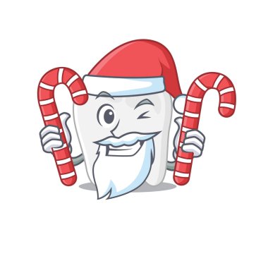 Noel karikatür karakteri ve Noel şekeri giymiş arkadaş canlısı dişler.