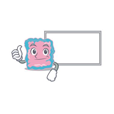 Parmak yukarı parmaklı bağırsak çizgi film tasarımı beyaz bir tahta getirin