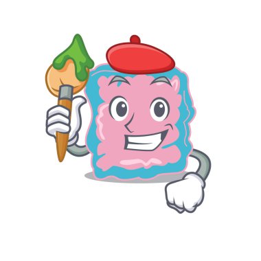 Sanatsal bir bağırsak sanatçısı. Fırça kullanarak maskot tasarımı yapıyor.