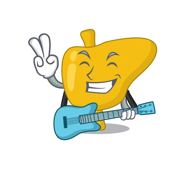 Brillante musicista di fegato disegno dei cartoni animati suonare musica con una chitarra — Vettoriale Stock