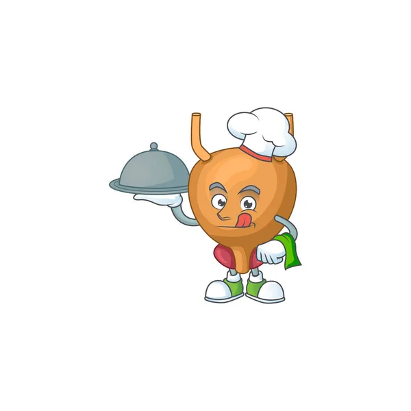 Un diseño de dibujos animados de chef de vejiga con sombrero y bandeja — Vector de stock