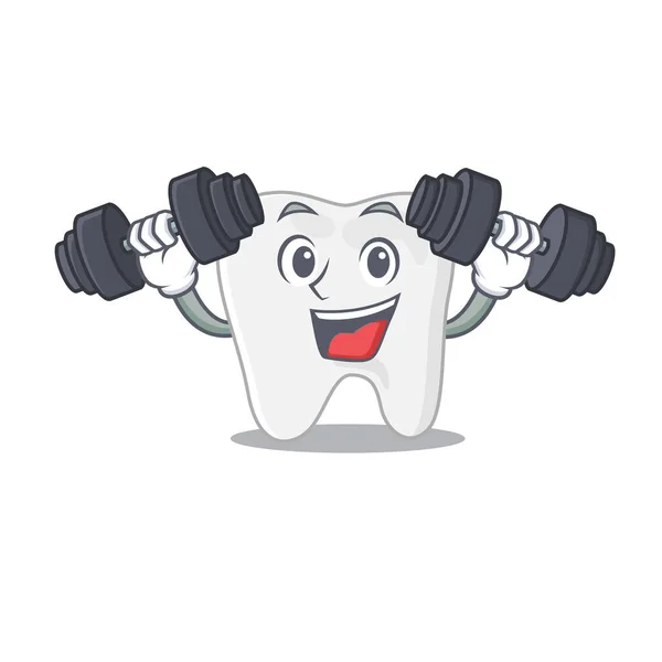 Tooth mascot design feels happy lift up barbells during exercise — Stock Vector