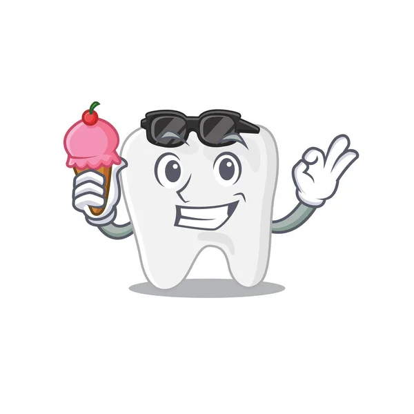 Um desenho animado de dente segurando sorvete cone —  Vetores de Stock