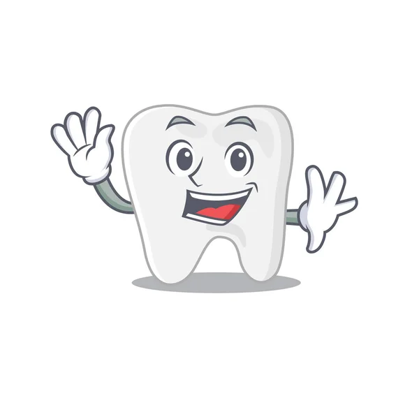 A charming tooth mascot design style smiling and waving hand — Stock Vector