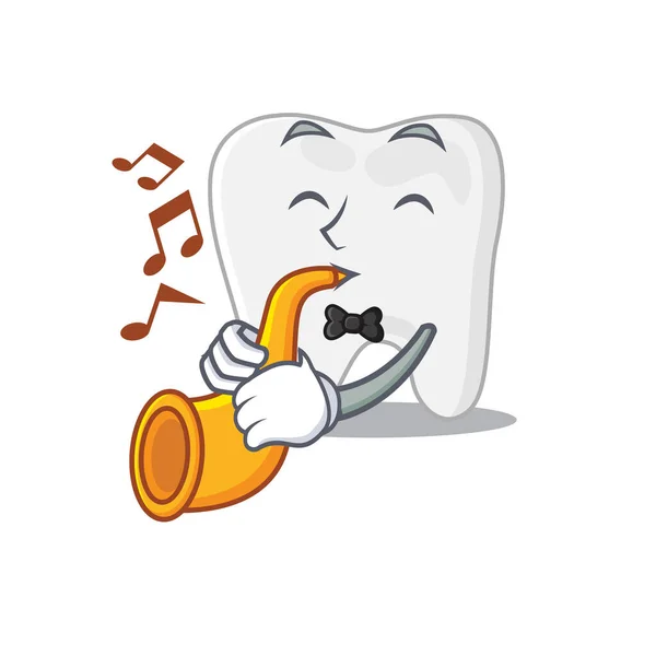 Tooth musician of cartoon design playing a trumpet — Stock Vector