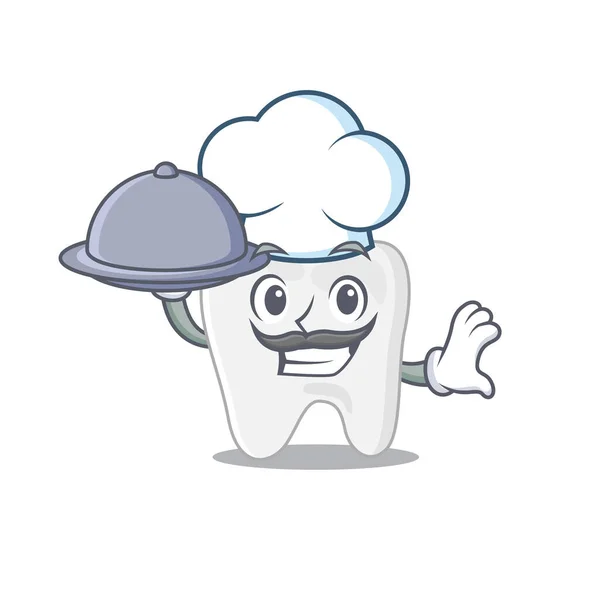 Diş aşçısının maskot tasarımı tepside yemek servisi — Stok Vektör