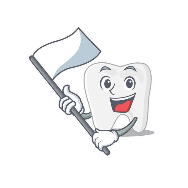 Un eroico disegno del carattere della mascotte del dente con bandiera bianca — Vettoriale Stock