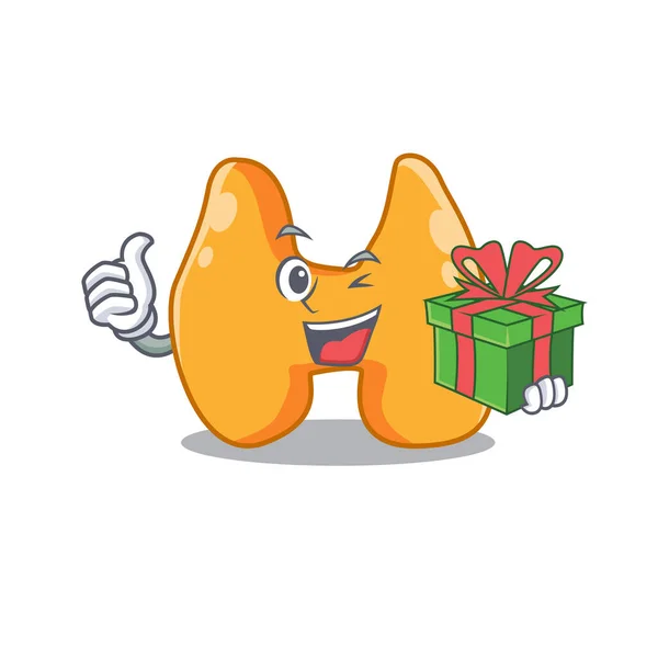 Gioioso personaggio dei cartoni animati tiroidei con una grande confezione regalo — Vettoriale Stock