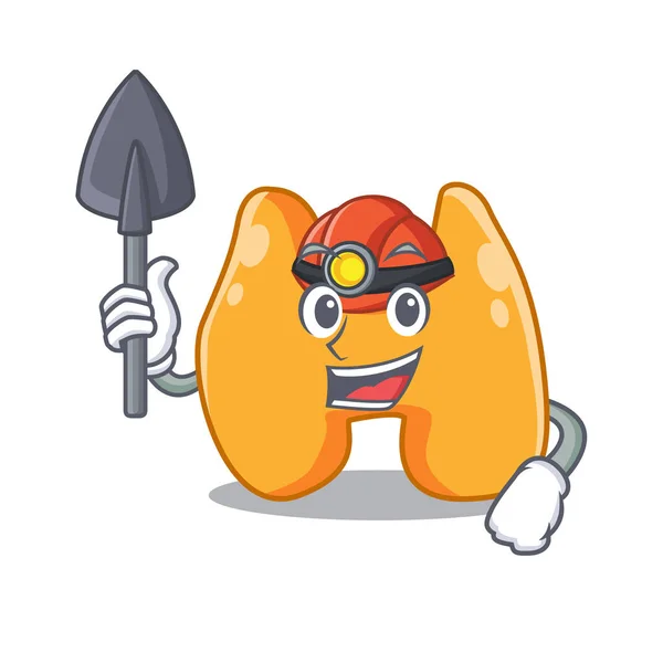 Una foto cartone animato di minatore tiroideo con strumento e casco — Vettoriale Stock