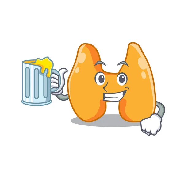 Un cartone animato concetto di tiroide con un bicchiere di birra — Vettoriale Stock