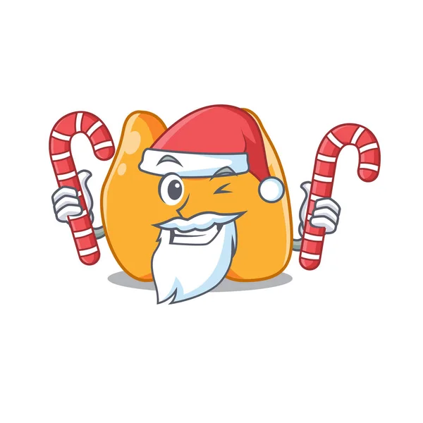 Amichevole tiroide vestita in personaggio di Santa Cartoon con caramelle di Natale — Vettoriale Stock