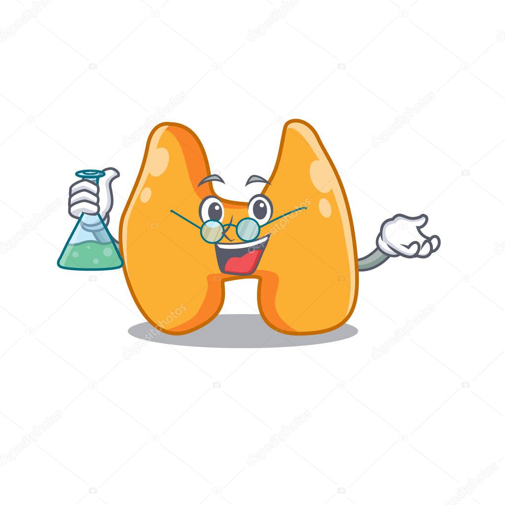 caricature character of thyroid smart Professor working on a lab