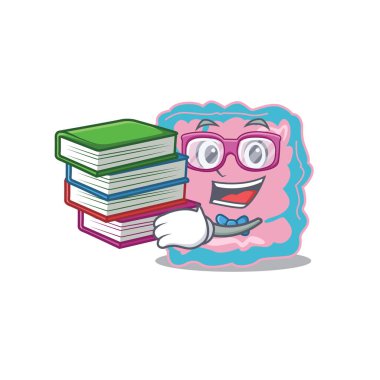 Bağırsak maskotu tasarımı konseptinde çalışkan bir öğrenci birçok kitap okudu.