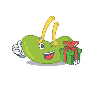 Büyük hediye kutusu olan neşeli dalak çizgi film karakteri. Vektör illüstrasyonu