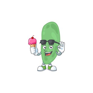 Termus termophilus çizgi film maskotunun mutlu yüzü dondurma yiyor. Vektör illüstrasyonu