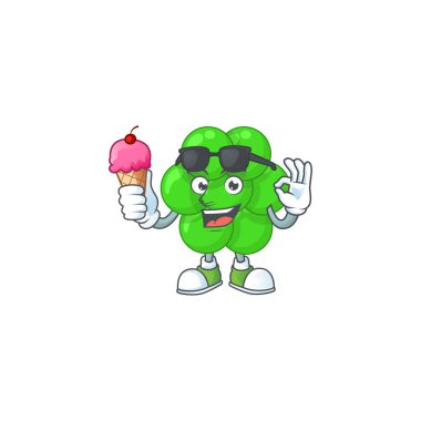 Staphylococcus aureus çizgi film maskotunun mutlu yüzü dondurma yiyor.