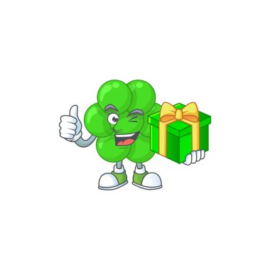 Mutlu gülümseme staphylococcus aureus çizgi film maskot tasarımı ve hediye kutusu