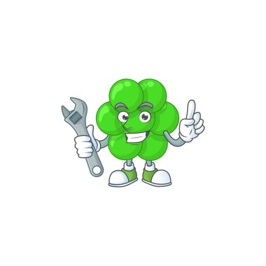 Akıllı bir mekanik staphylococcus aureus çizgi film maskot tasarımı bozuk bir makineyi tamir eder