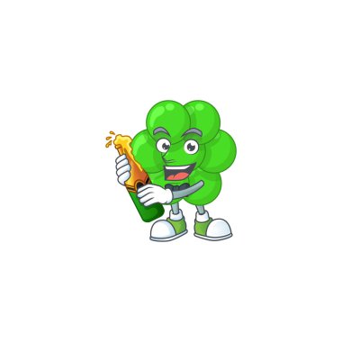 Staphylococcus aureus 'un mutlu yüzü bir şişe birayla birlikte çizgi film tasarımı tostu.