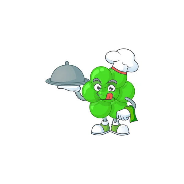 Un estafilococo aureus chef diseño de la mascota de dibujos animados con sombrero y bandeja — Vector de stock