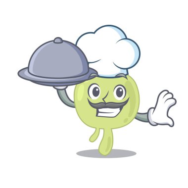 Maskot tasarımlı lenf nodu şefi tepside yemek servisi yapıyor.