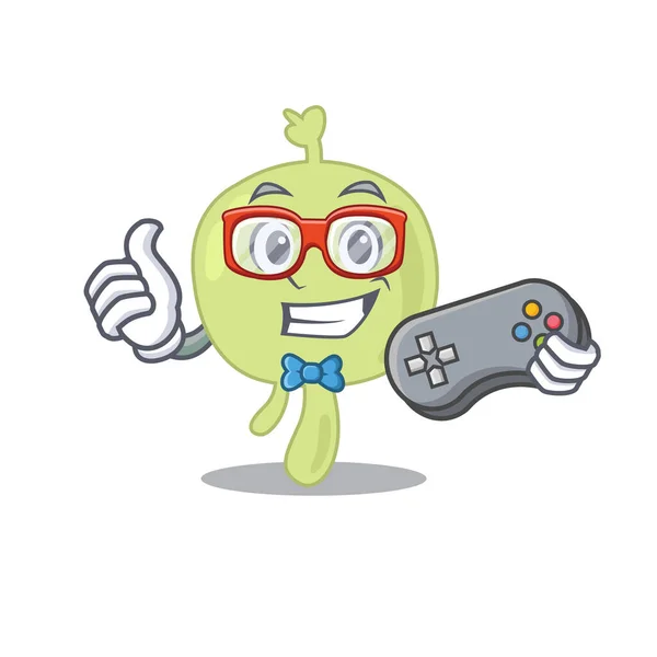 コントローラーで遊ぶリンパ節ゲーマーのマスコットデザインスタイル — ストックベクタ